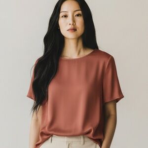 Quince Washable Stretch Silk Tee Coral/Brick | Size M